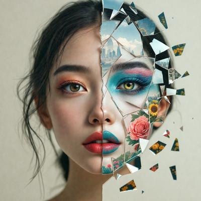 The primary subject of the image is a woman with a painted face, wearing makeup and lipstick. She is depicted in two different styles, one with a more natural look and the other with a more dramatic, artistic appearance. The setting is a room with a backdrop of a cityscape, which adds to the overall atmosphere of the image. The visual style is a combination of photo and digital art, creating a unique and eye-catching portrait. The colors and mood of the image are vibrant
